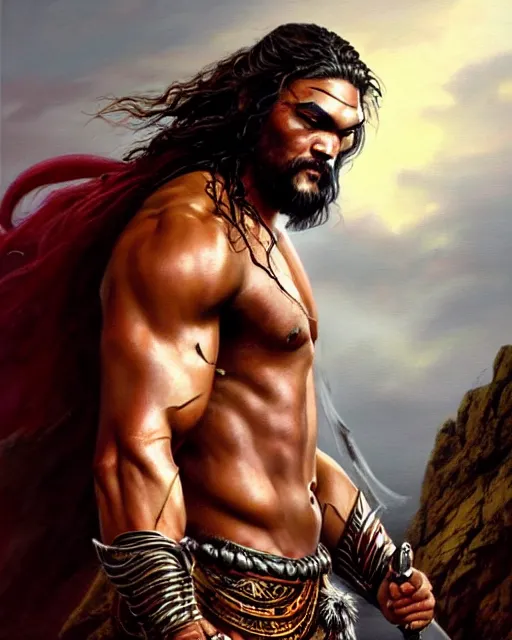 Image similar to beautiful portrait oil painting, jason momoa conan the barbarian thor standing on a rocky hill, wearing a warrior king crown and royal crimson fantasy ornate spartan dragon scale armor, wet skin and hair, muscular!!!, battle action pose, frank frazetta, boris vallejo, greg rutkowski, beautiful cinematic light, low angle, greg rutkowski, high contrast