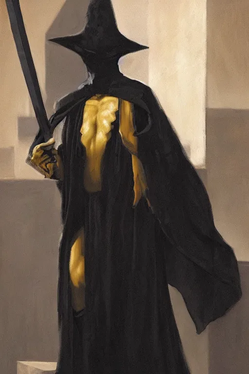 Prompt: a shady figure wearing a black robe and holding a sword vertically in front of its face, painting by brom