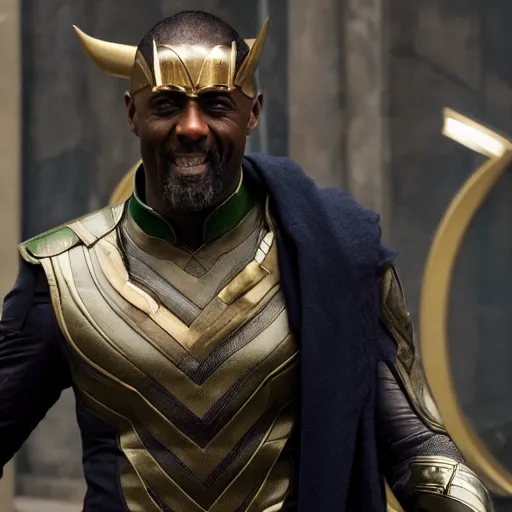 Image similar to film still of Idris Elba as Loki in new Avengers film, photorealistic 8k