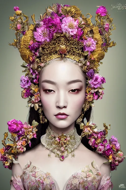 Image similar to a beautiful empress portrait, with a brilliant, impossible striking big flower headpiece, clothes entirely made out of flowers, symmetrical, dramatic studio lighting, rococo, baroque, jewels, asian, hyperrealism, closeup, D&D, fantasy, intricate, elegant, highly detailed, digital painting, artstation, octane render, 8k, concept art, matte, sharp focus, illustration, art by Artgerm and Greg Rutkowski and Alphonse Mucha