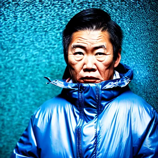 Prompt: a close up photographic portrait of a rugged asian actor wearing wet weather gear looking worried taken by annie leibowitz. cinematic lighting, blue background colour, 5 0 mm, subsurface scatter.