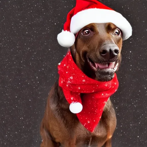 Prompt: a dog wearing a santa hat and scarf, a stock photo by Elke Vogelsang, shutterstock contest winner, dada, stock photo, stockphoto, photoillustration