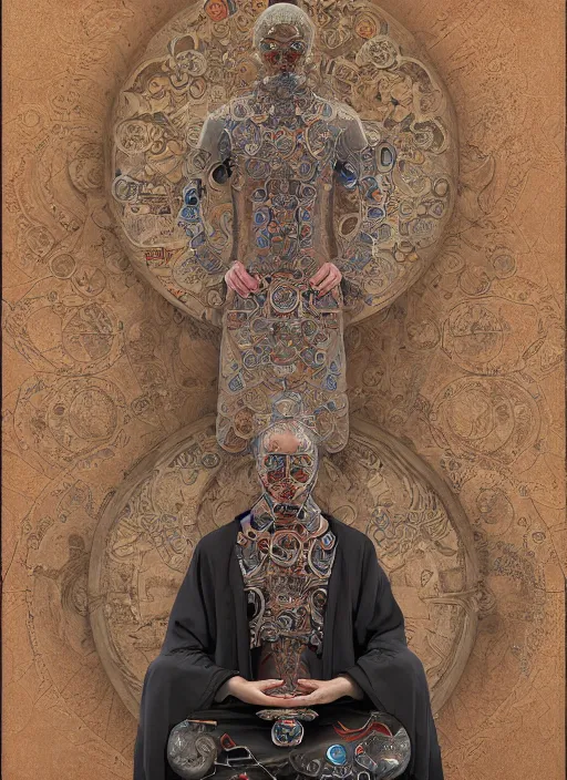 Image similar to portrait of a meditating machine monk cyborg wrapped in sacred scrolls, imari, fractal, in the style of the matrix, intricate ornaments, elegant, highly detailed, digital photography, subsurface scattering, by jheronimus bosch and greg rutkowski,