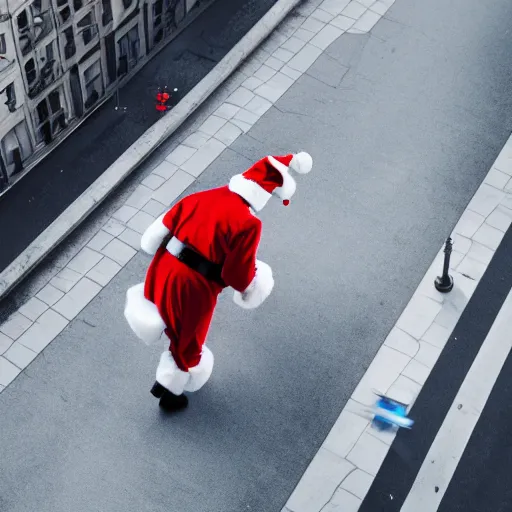 Prompt: santa making an escape with a sack of cash, running from a bank, 8 k, drone photo