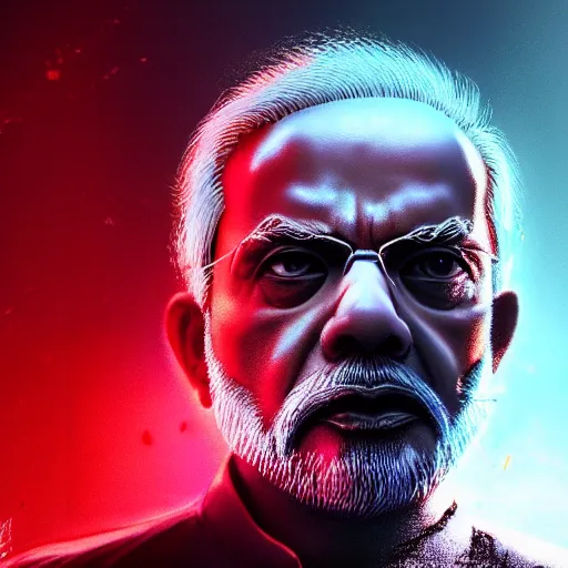 Image similar to portrait of angry Narendra Modi, dystopian, dirty, cyberpunk, volumetric lighting, cgsociety