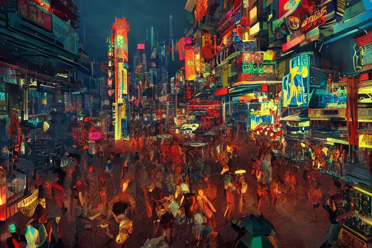 Image similar to Carnival, very highly detailed face's and body's. Voxel grapics concept art by Caravaggio, Details by Caravaggio , cyan dimensional light, , Cyberpunk city as Background by Hiromasa Ogura