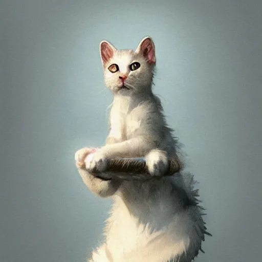 Image similar to A cute heraldic white kitty cat queen posing with one paw raised in the air, D&D, fantasy, intricate, cinematic lighting, highly detailed, digital painting, artstation, concept art, smooth, sharp focus, illustration, art by Akihiko Yoshida, Greg Rutkowski and Alphonse Mucha