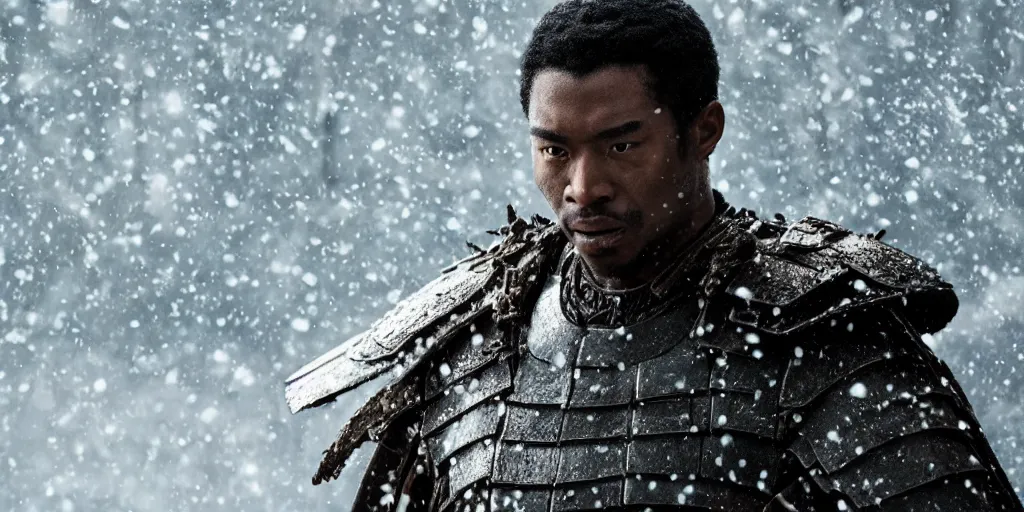 Prompt: a film still of a black man starring in a japanese blockbuster film as ancient samurai, snow falling, shallow depth of field, cinematic, award winning cgi, vfx, film still