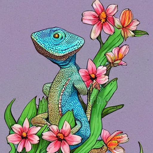 Prompt: a beautiful little lizard stands on a porch dotted with many flowers, fairytale illustration