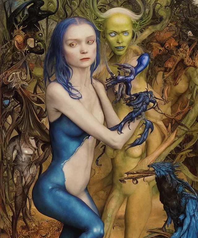 Image similar to a portrait photograph of a blue skinned harpy succubus with slimy skin being transformed into a beautiful alien. she looks like sadie sink and is wearing a colorful infected sleek organic catsuit. by donato giancola, hans holbein, walton ford, gaston bussiere, peter mohrbacher and brian froud. 8 k, cgsociety, fashion editorial