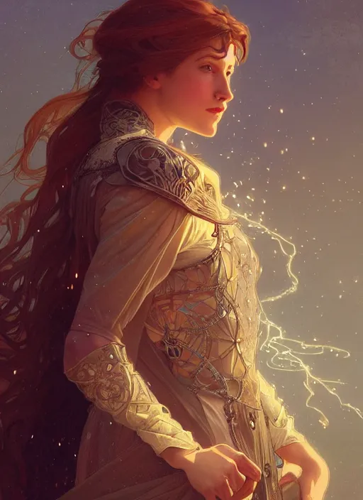 Image similar to person made of lightnings, depth of field, fantasy, medieval wear, intricate, elegant, highly detailed, digital painting, artstation, concept art, smooth, sharp focus, illustration, art by artgerm and greg rutkowski, reimagined by alphonse mucha