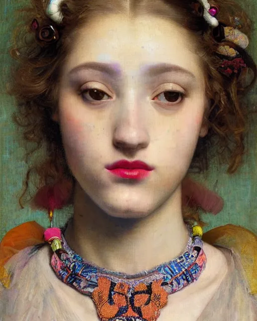 Image similar to a close up of beautiful cheerleader girl with pink lipstick wearing a multicoloured necklace surrounded by colourful intricate patterns, by edgar maxence and caravaggio and michael whelan, intricate painting, hyper realistic, extremely detailed and beautiful aesthetic face, 8 k resolution