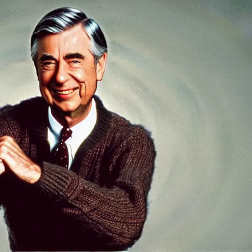 Prompt: Mr. Rogers as an action movie poster