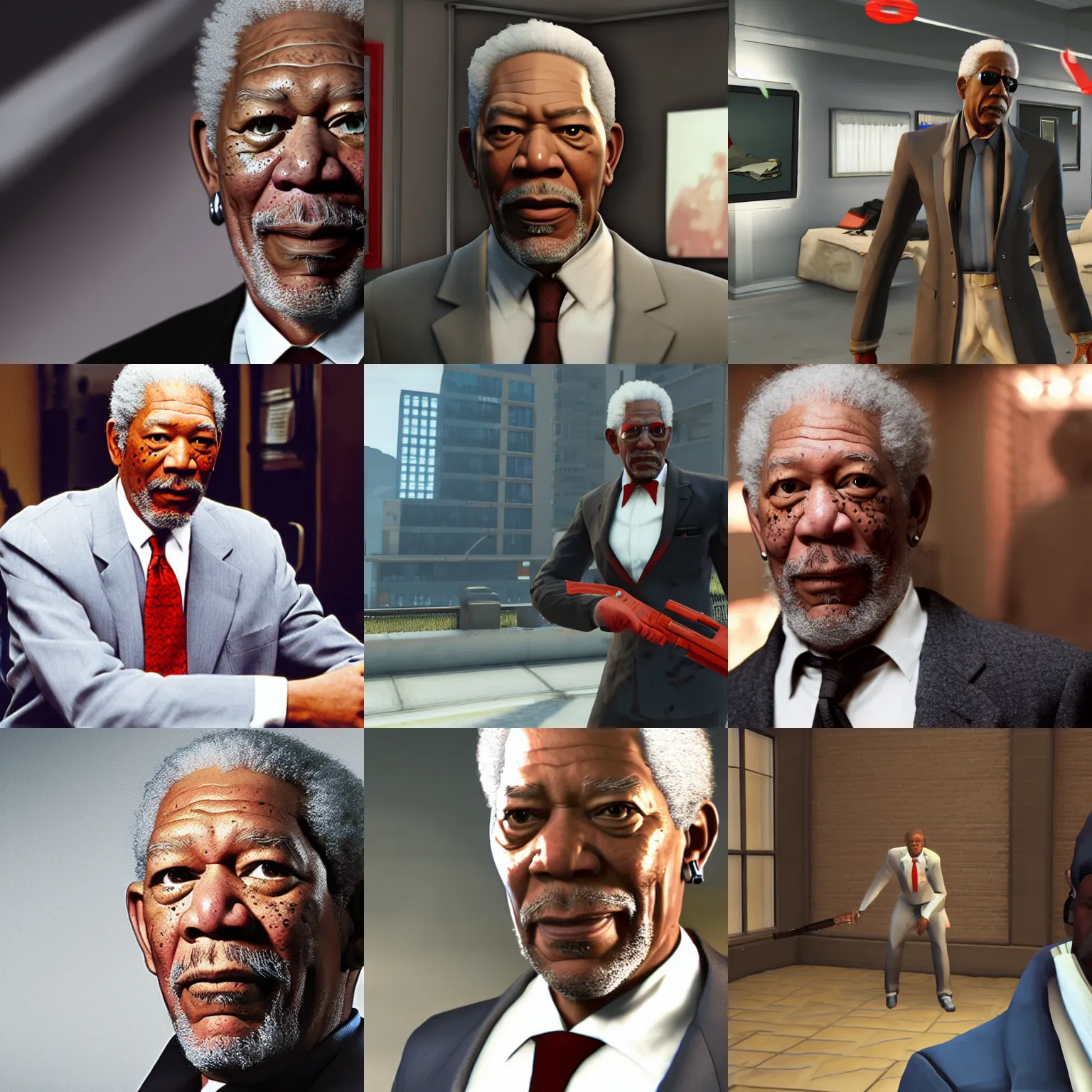 Prompt: gameplay screenshot of morgan freeman from american psycho in overwatch,