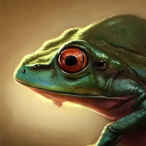 Prompt: hyper realistic caricature of a derpy frog person by greg rutkowski