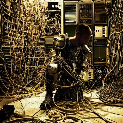 Prompt: “a photo of a kneeling knight wrapped in cables and chains in front of a glowing computer screen. The knight is in the center of a dark filthy dirty room filled with server racks and server cables hanging everywhere. The ground of the room is littered and covered with garbage and trash everywhere. It is dark and there are no lights. Cursed image. Nikon coolpix.”