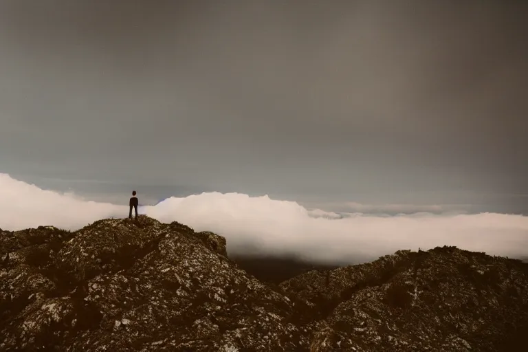 Prompt: holy discord moderator on top of a tall mountain, blue fog, tornadoes surrounding, film photography, soft lighting, vignette