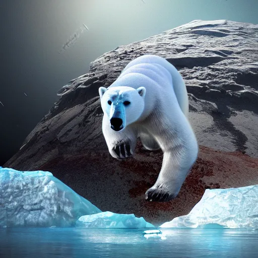 Image similar to polar bear on iceberg in mars, outer space, planet mars, photorealistic, high resolution,, trending on deviantart, hdr, hyper detailed, insane details, intricate, elite, ornate, dramatic lighting