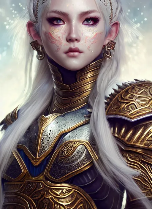 Image similar to warrior, intricate ornate opal heavy armor!!! beautiful and athletic white hair female!! gorgeous face and eyes!! character concept art, sharp focus, octane render! unreal engine 5! highly rendered!! trending on artstation!! detailed linework!! illustration by artgerm, wlop, and chie yoshii