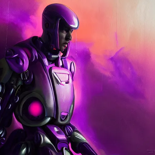 Image similar to Character design body made of purple fire, body with black and purple lava, mecha humanoid with cyberpunk bomber jacket, concept art character, royalty, smooth, sharp focus, organic, deep shadows by Jerad Marantz, hyperrealistic oil painting, 4k, studio lightning