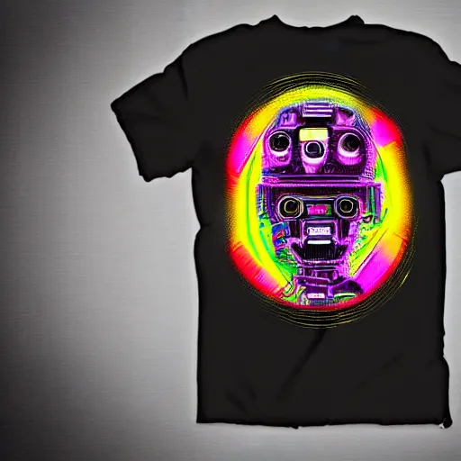 Prompt: black tshirt with a hyperdetailed portrait of a trippy diesel punk robot, 8 k, symetrical, flourescent colors, multicolored,