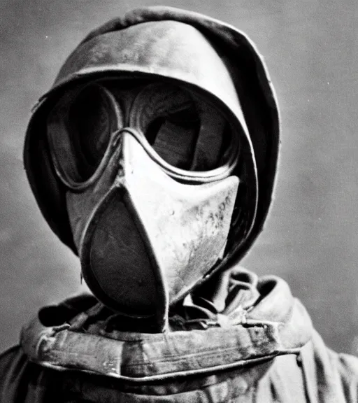 Prompt: a man in hooded gas mask, ww1 film photo, grainy, high detail, high resolution