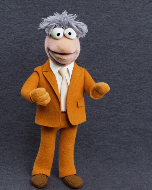 Image similar to oscar from the office as a muppet. highly detailed felt. hyper real photo. 4 k.