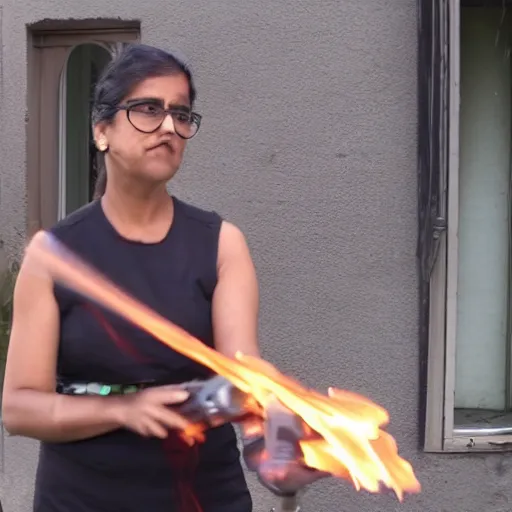 Image similar to Priti Pattel Weilding A flamethrower, firing it into a building, medium shot photo 8k ultrahd