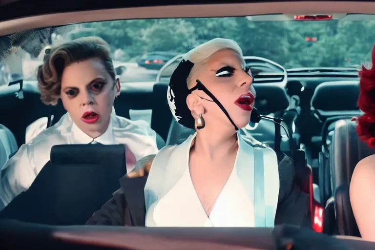 Image similar to lady gaga and judy garland in carpool karaoke, lady gaga, judy garland, red weapon 8 k s 3 5, cooke anamorphic / i lenses, highly detailed, cinematic lighting