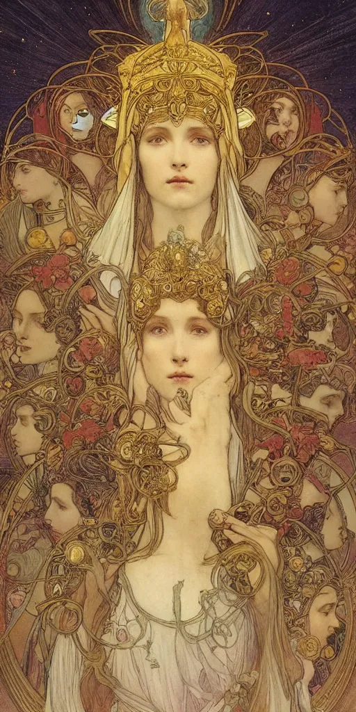 Image similar to saint woman, venus, athena, halo, queen, by alphons mucha and annie swynnerton and jean delville, strong dramatic cinematic lighting, ornate headdress, flowing robes, spines, flowers, stars, lost civilizations, smooth, sharp focus, extremely detailed, marble, gold, space