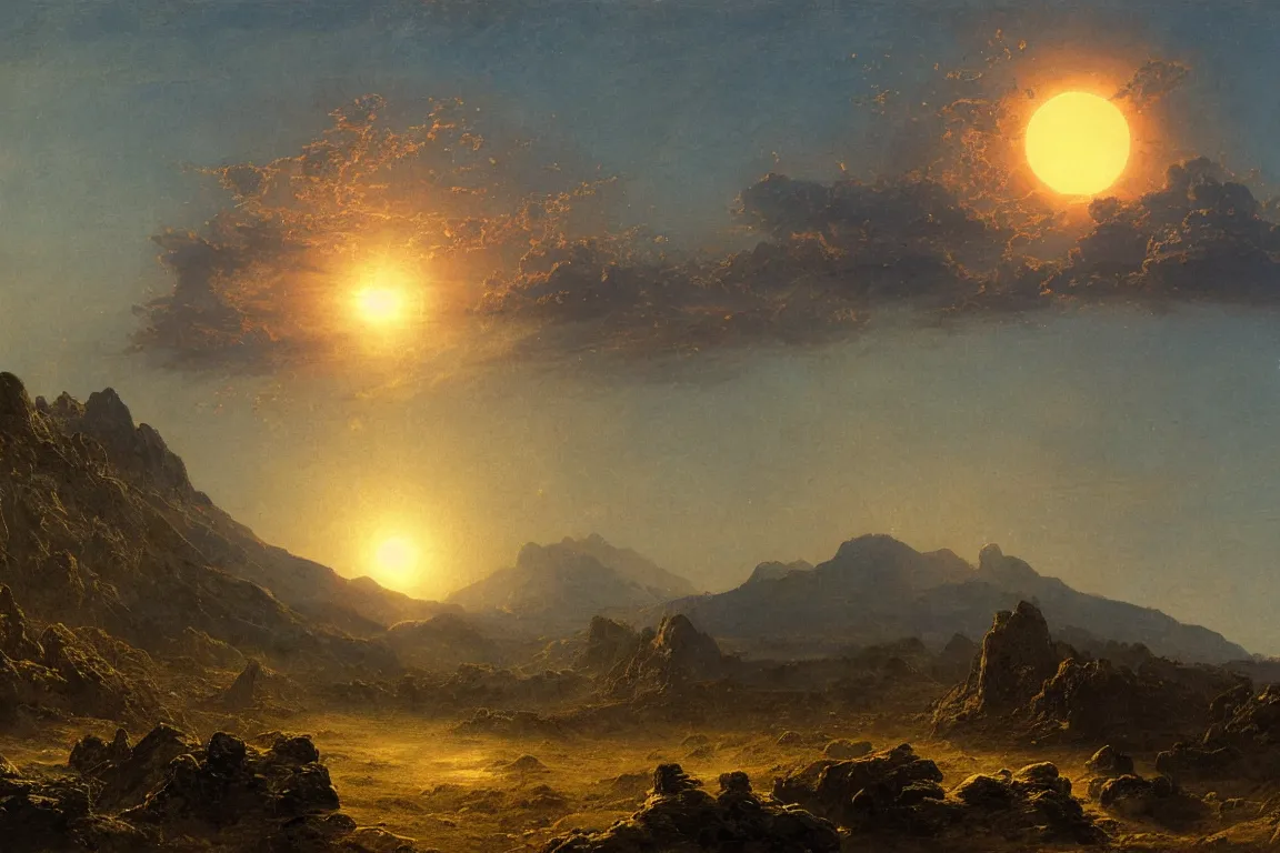 Prompt: diamond graphite mountains breaking huge dust clouds on an inhospitably hot alien planet, massive blue sun taking up sky, concept art by albert biertadt, thomas cole, frederic edwin church, hudson river school, majestic, awe - inspiring, breathtaking