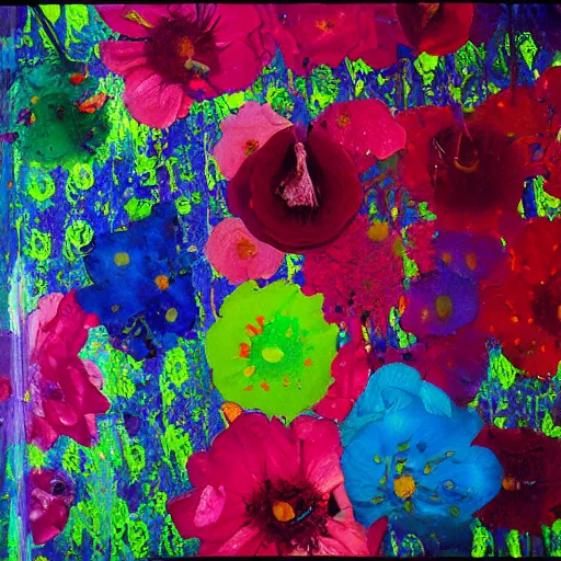 Prompt: an oil painting of dripping flowers by pipilotti rist