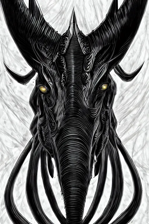 Image similar to demon horse with a horn, symmetrical, highly detailed, digital art, sharp focus, trending on art station, kentaro miura manga art style
