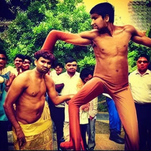 Prompt: “Indian man fighting human sized stretch Armstrong, award winning photo”