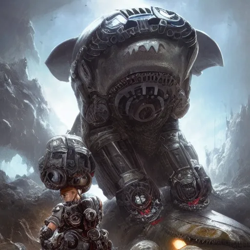 Prompt: anthropomorphic Robot Penguin in Gears of War cover art,Shark teeth, ultra wide lens shot , tiny, small, short, cute and adorable, pretty, beautiful, DnD character art portrait, matte fantasy painting, eerie, DeviantArt Artstation, by Jason Felix by Steve Argyle by Tyler Jacobson by Peter Mohrbacher, cinematic lighting