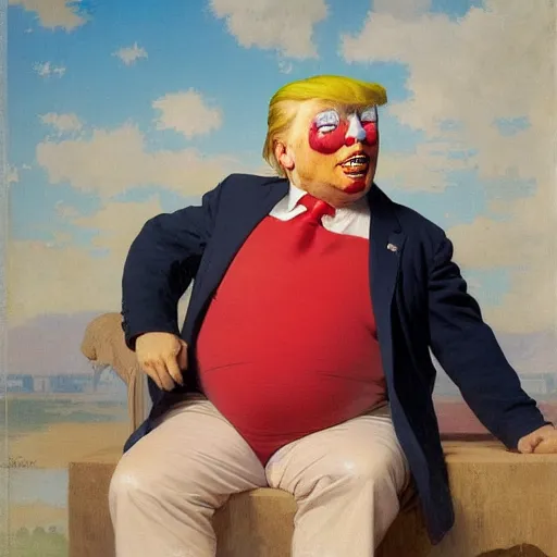 Prompt: Painting of Donald Trump as a clown. Old. Unhappy. Bald. Fat. Art by william adolphe bouguereau. Very very very very very very much detailed. Ugly. 4K. Award winning.