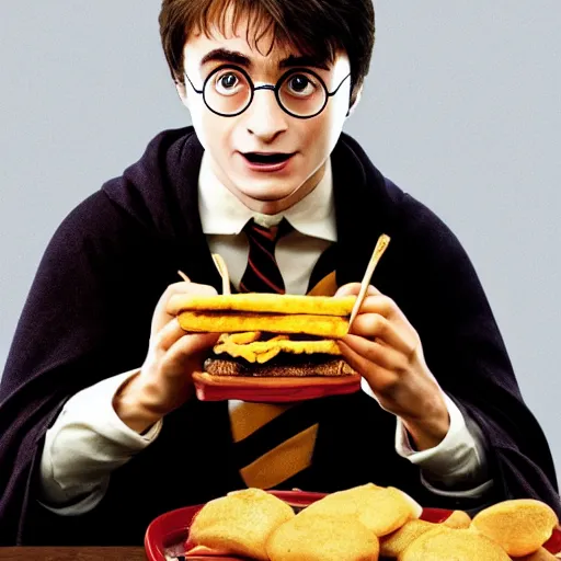 Image similar to Harry Potter eating a cheeseburger, photo realistic, award-winning, highly-detailed, epic, cinematic, dramatic