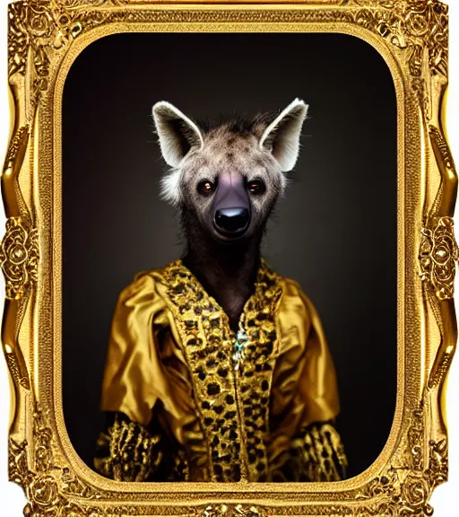 Image similar to professional studio photo portrait of anthro anthropomorphic spotted hyena head animal person fursona smug smiling wearing elaborate pompous royal king robes clothes gold frame by Louis Daguerre daguerreotype tintype