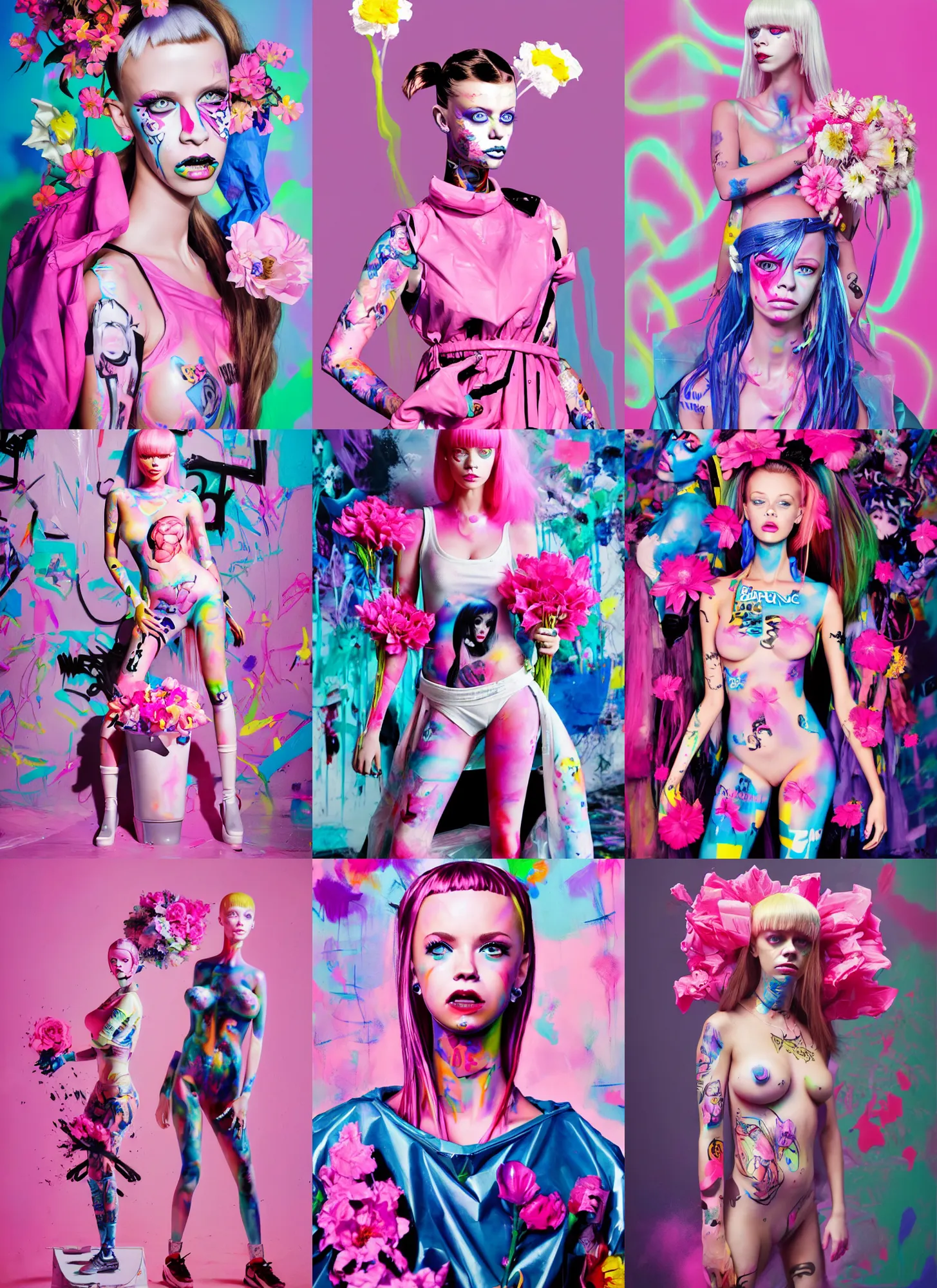 Prompt: still from music video of barbie palvin from die antwoord standing in a photo studio, wearing a trashbag garbage bag and flowers, street fashion, full figure portrait painting by martine johanna, ilya kuvshinov, rossdraws, pastel color palette, spraypainted bodypaint graffiti