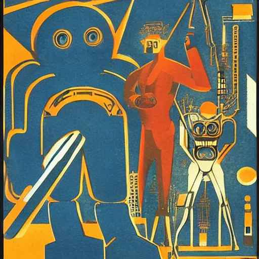 Prompt: giant humanoid robots with lazer eyes. graphical work by anatoly fomenko and bilibin and giger and lissitzky