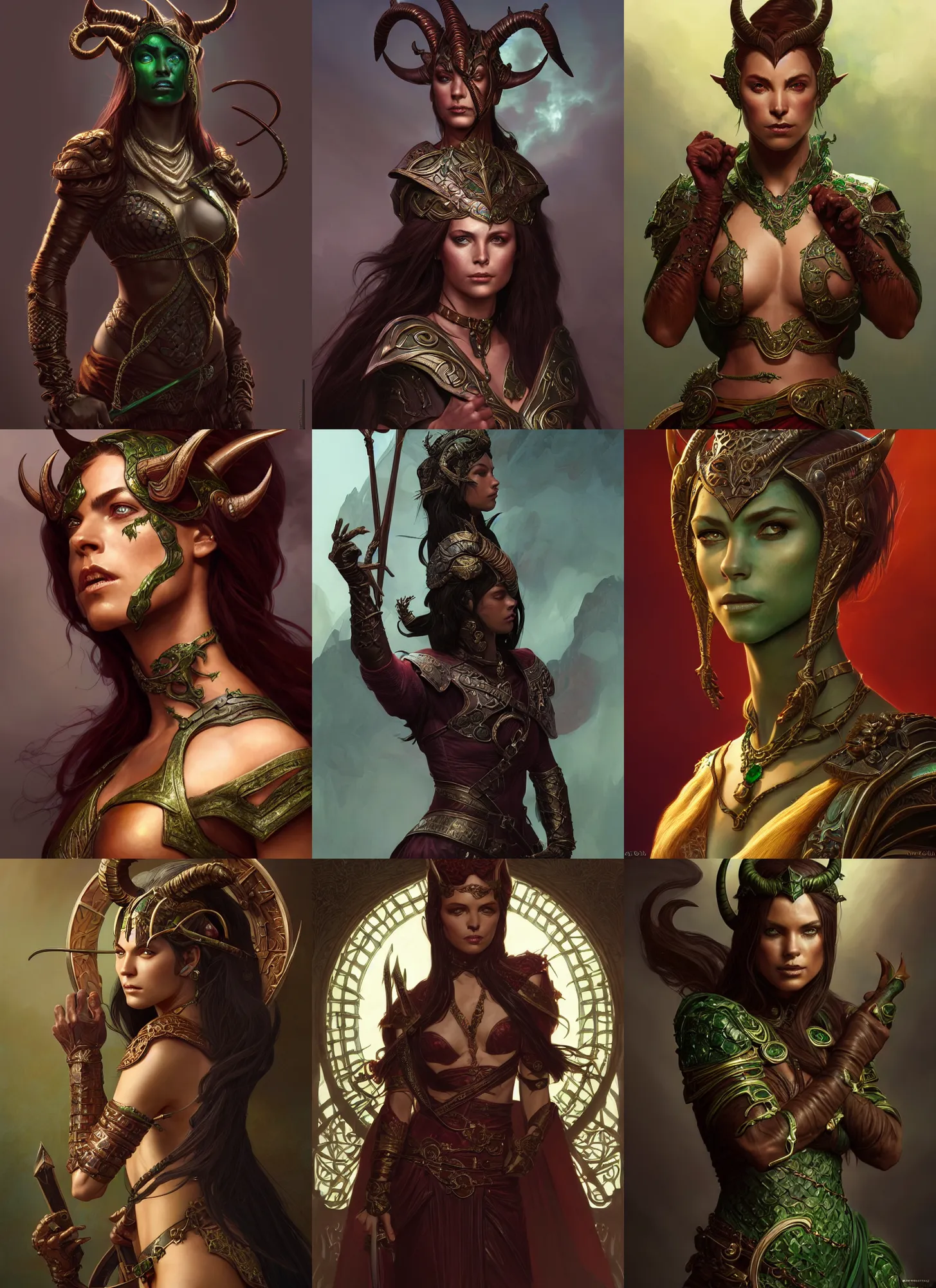 Prompt: a beautiful portrait of the tiefling blood hunter emerald herald, bronze skin, tone mapped, shiny, intricate, beautiful armor, cinematic lighting, highly detailed, digital painting, artstation, concept art, smooth, sharp focus, illustration, art by terry moore and greg rutkowski and alphonse mucha