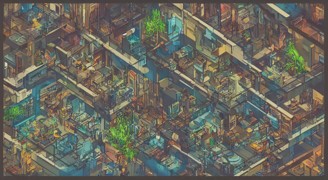 Image similar to cyberpunk treehouse interior, isometric room view