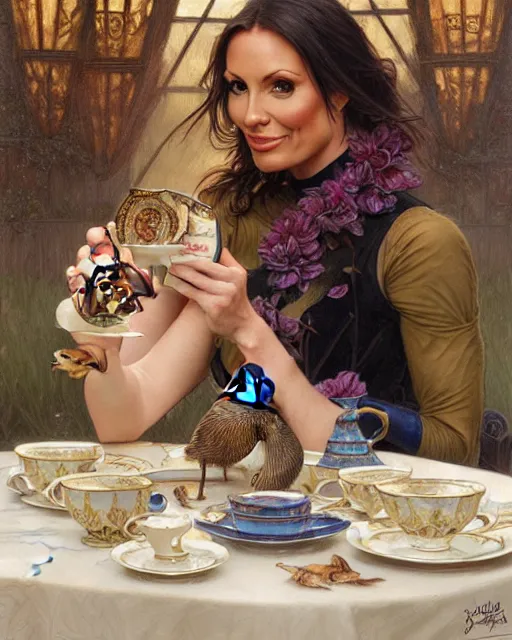 Prompt: Portrait of Jodie Marsh & a mallard & a pig having tea at the Ritz, real life skin, intricate, elegant, highly detailed, artstation, concept art, smooth, sharp focus, art by artgerm and greg rutkowski and alphonse mucha