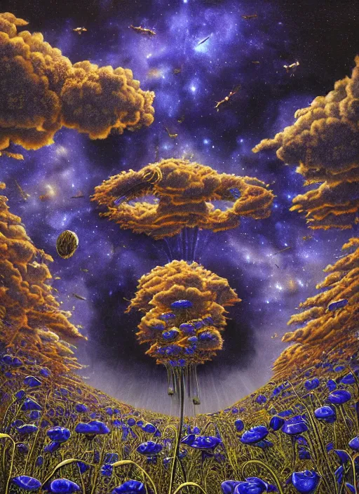 Image similar to detailed, intricate blue black and purple papaverum flower on the field, nebula, galaxy in the sky, winning award masterpiece, fantastically beautiful, illustration, aestheticly inspired, jacek yerka, upscale with anguissola sofonisba work, artstation, 8 k