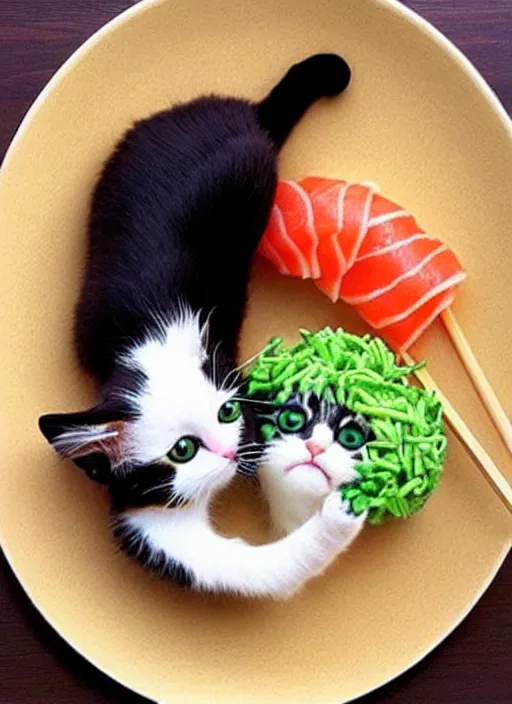 Prompt: clear photorealistic picture of adorable cats made out of sushi