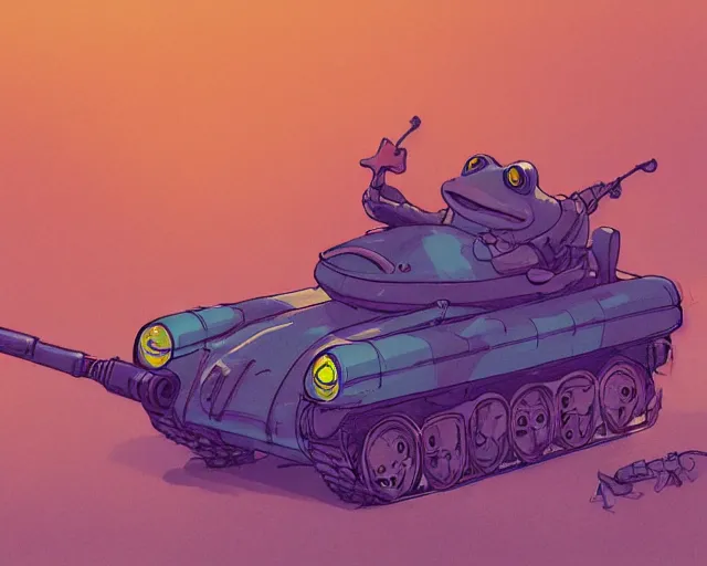 Image similar to a study of cell shaded cartoon of a frog driving a tank on a desert road, street lamps, road, illustration, wide shot, subtle colors, post grunge, concept art by josan gonzales and wlop, by james jean, victo ngai, highly detailed, sharp focus, trending on artstation, hq, deviantart, art by artgem