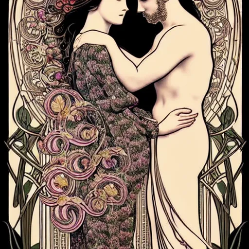 Image similar to a couple in love. she has dark wavy hair. he is bald. in the style of art nouveau. floral. hyper detailed. intricate. beautiful.