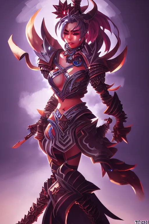 Image similar to sakimi chan, fantasy armor, action pose, detailed face, dynamic lighting, tony sart