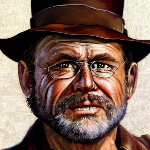 Image similar to bobcat goldthwait as indiana jones painting by frank frazetta, highly detailed, high quality, 8 k, realistic face, path traced