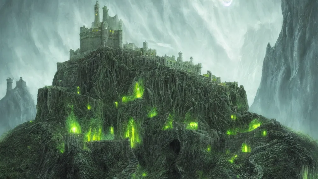 Image similar to ghostly fortress of minas morgul, minas ithil, lit by green magical powers along the fortress walls, by alan lee, michal karcz, smooth details, lord of the rings, game of thrones, smooth, detailed terrain, oil painting, trending artstation, concept art, fantasy matte painting